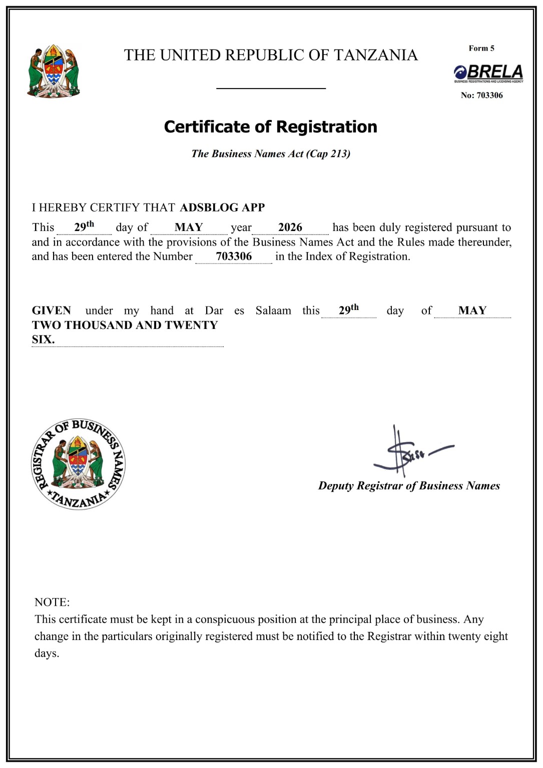BRELA Certificate of Registration
